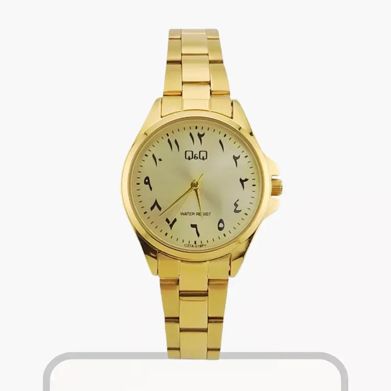 Q&Q Arabic Gold Dial Gold-tone Ladies Watch- C37A-018PY